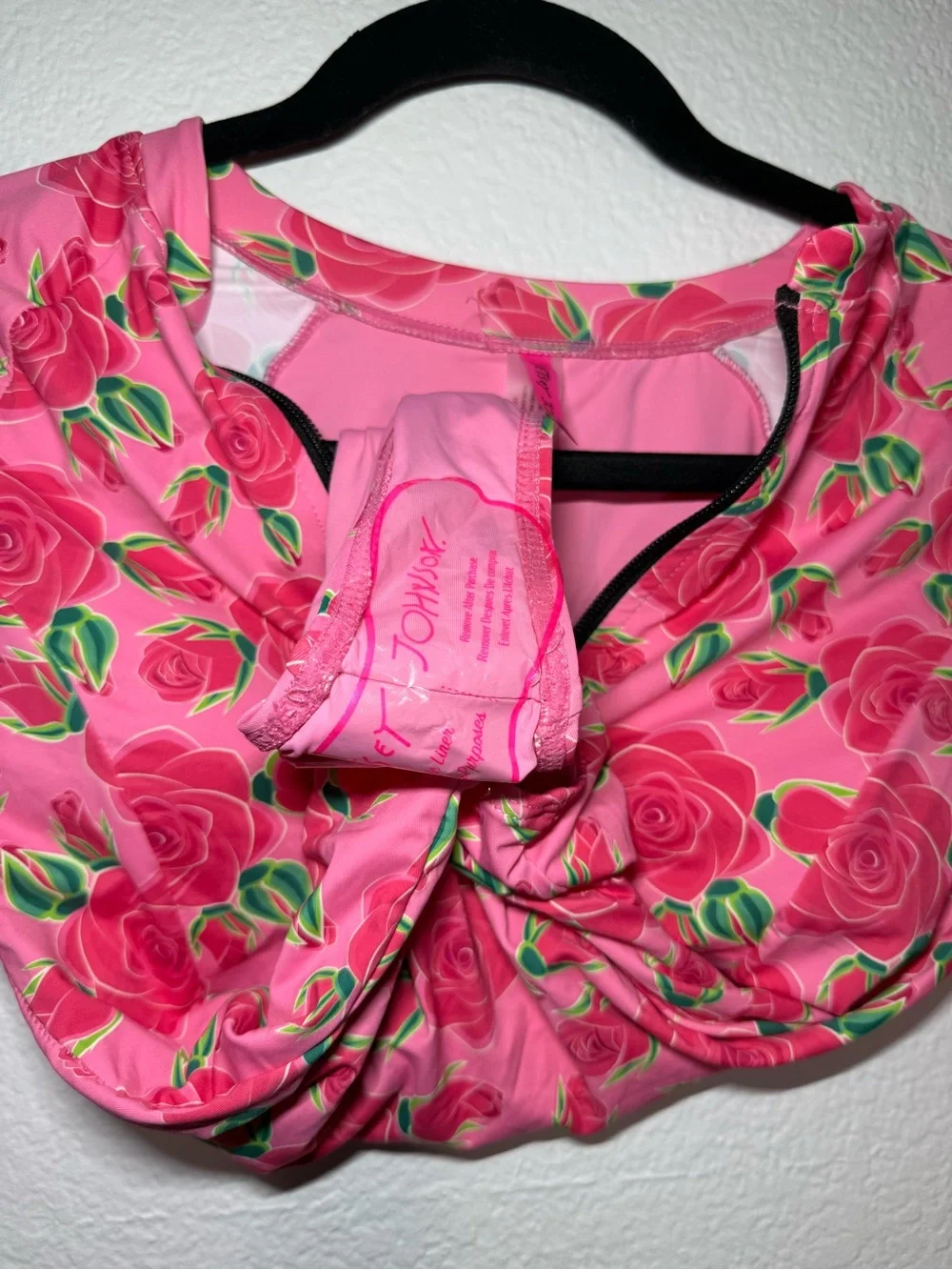 Betsy Johnson Pink Rose-Print Long Sleeve One-Piece Swimsuit